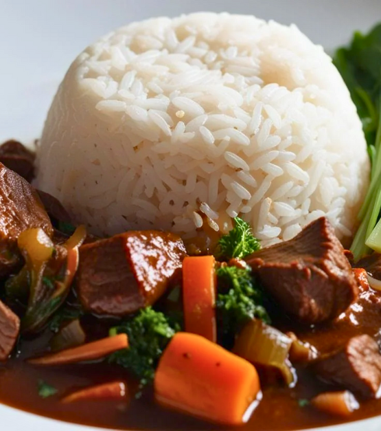 Steamed rice Beef stew Greens