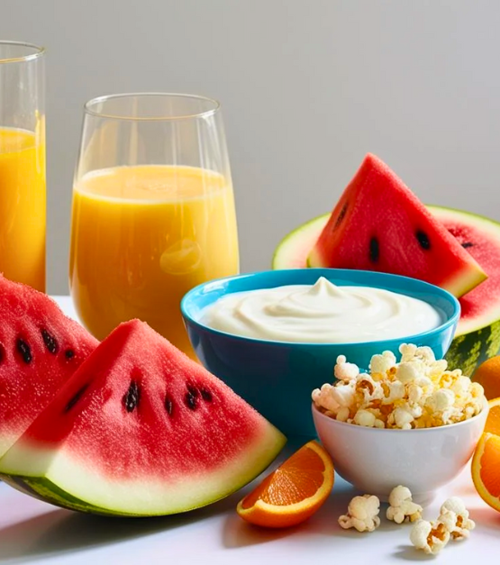 Yogurt Fresh juice Fruits Popcorn Watermelon Drinking Water